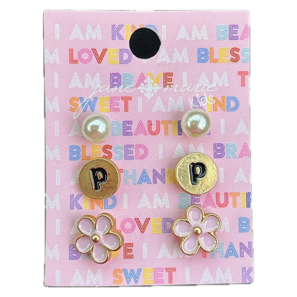 Jane Marie Set of 3 Kids Earrings Letter P Pink Flower Pearls Girls